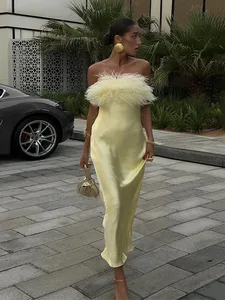 Vàng Satin Viền Đầm Maxi Nữ Thanh Lịch Dây Không Tay Eo Cinched Áo Dài 2025 Mùa Hè Mới Ngày Lễ Nữ Áo Choàng