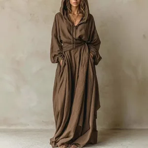 Kadın Gece Elbisesi Pamuk Polyester Baskılı V Yaka Elbiseler Gevşek Fit Kuşaklı Maxi Elbise Wrap Bel Boho Tarzı Uzun Elbise