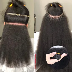 I Tip Hair Extensions Kinky Straight Human Hair #1B Pre Bonded Remy Micro Links Human Hair Extensions Natural Black 1g/Strand