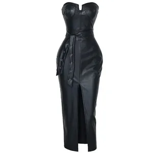 Seksi Straplez Bodycon PU Deri Elbise Kadın Bölünmüş Perçin Damla Dökümlü Elbise Kulübü Parti Giyim Kadın vestidos