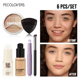 6 ชิ้น/เซ็ต All-in-One Face Base Kit Pore Minimizing Primer Stick คอนซีลเลอร์ 3 สีพร้อมแปรงรองพื้นแบบไม่มีน้ำมัน