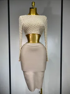 Femmes Sexy À Manches Longues Maille Perle Top Célébrité Midi Femmes Bandage Ensemble 2025 Designer Soirée De Luxe Anniversaire Deux Pièces Ensemble