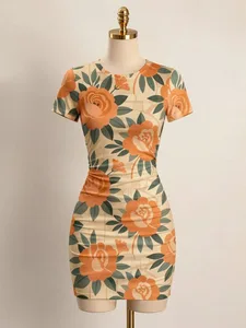 Mini robe moulante à manches courtes pour femmes, coupe ajustée, col rond, imprimé Floral, décontractée, fête d'été, mignonne, extensible, moderne, vacances