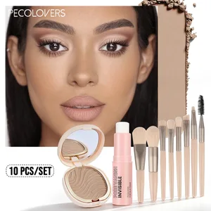 10 ชิ้น All-In-One ฐานแต่งหน้าชุด Pore Minimizing Primer Stick Matte Setting Powder และ 8 ชิ้นชุดแปรงแต่งหน้ามืออาชีพ