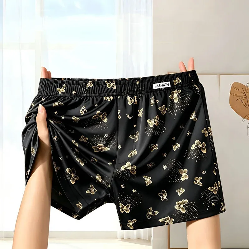 Calças Aro personalizadas masculinas com estampa de borboleta de 4 peças, roupa íntima casual solta e respirável, shorts boxer elegantes masculinos