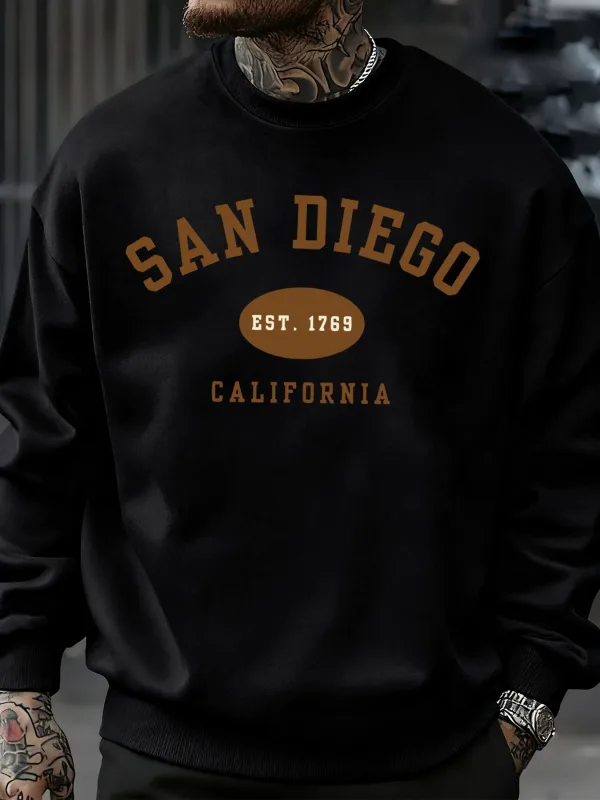 Jersey con estampado de letras de San Diego California para hombre, sudadera de lana suave, ropa informal de cuello redondo, ropa de calle de gran tamaño