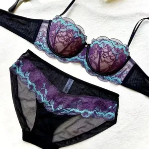 ใหม่ผู้หญิงน้ำหนักเบาลูกไม้สีม่วง Bra และชุดกางเกง Panty ชุด Minimizing ผล Push Up การออกแบบ Underwire นุ่มและ Anti-Sag สนับสนุน