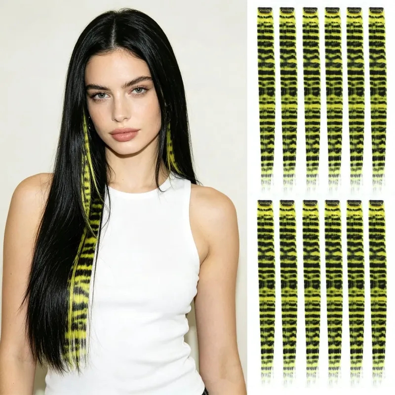 Clip in feather hair extensions Synthetic clip in colorful striped hairpieces 18inch for women ladies daily party holiday