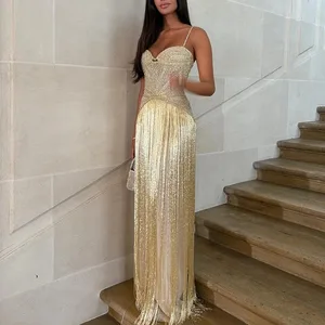Seksi Kapalı Omuz Kolsuz Askı Elbise kadın Zarif Yüksek Bel Ince Püskül Uzun Elbise Moda Dökümlü Katı Uzun Elbise