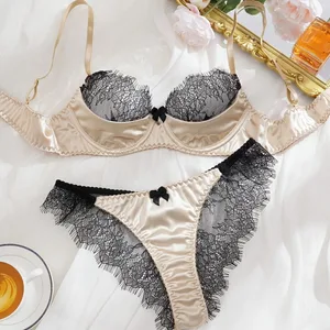 Fabrik Satin Bulu Mata Lace Patchwork Set Bra Tanpa Garis Ultra Nipis Seluar dalam dengan Underwire Lingerie Seksi Bra Wanita
