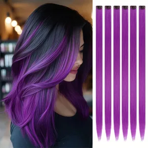Extensii de păr albastre Clip în 6 buc. Extensii de păr cu reflexe colorate Articole de păr curcubeu sintetice de 24 inci Rochie Petrecere Zi de naștere