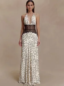 MO Vestit maxi per a dona amb estampat d'encaix de retalls de lunars, vestit de nit atractiu sense esquena, vestit de festa elegant i prim d'hivern