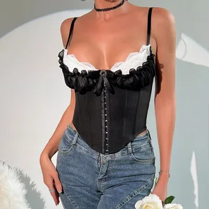 Atasan Crop Y2K Leher V Seksi Lace Patchwork Atasan Korset Ikatan Simpul Berlipat Belakang Seksi Kamisol Ramping Bentuk Badan Tulang Ikan Bustier