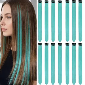 14 buc Extensii de păr Teal Blue Clip în 22 inch colorate petrecere Extensii sintetice neon evidențiere Accesorii pentru păr curcubeu
