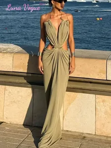 Solid Color Spaghetti Strap Sleeveless Maxi Gown Women Sexy Deep V Cutout Waist Ruched Evening Dress Summer Elegant Party Wear