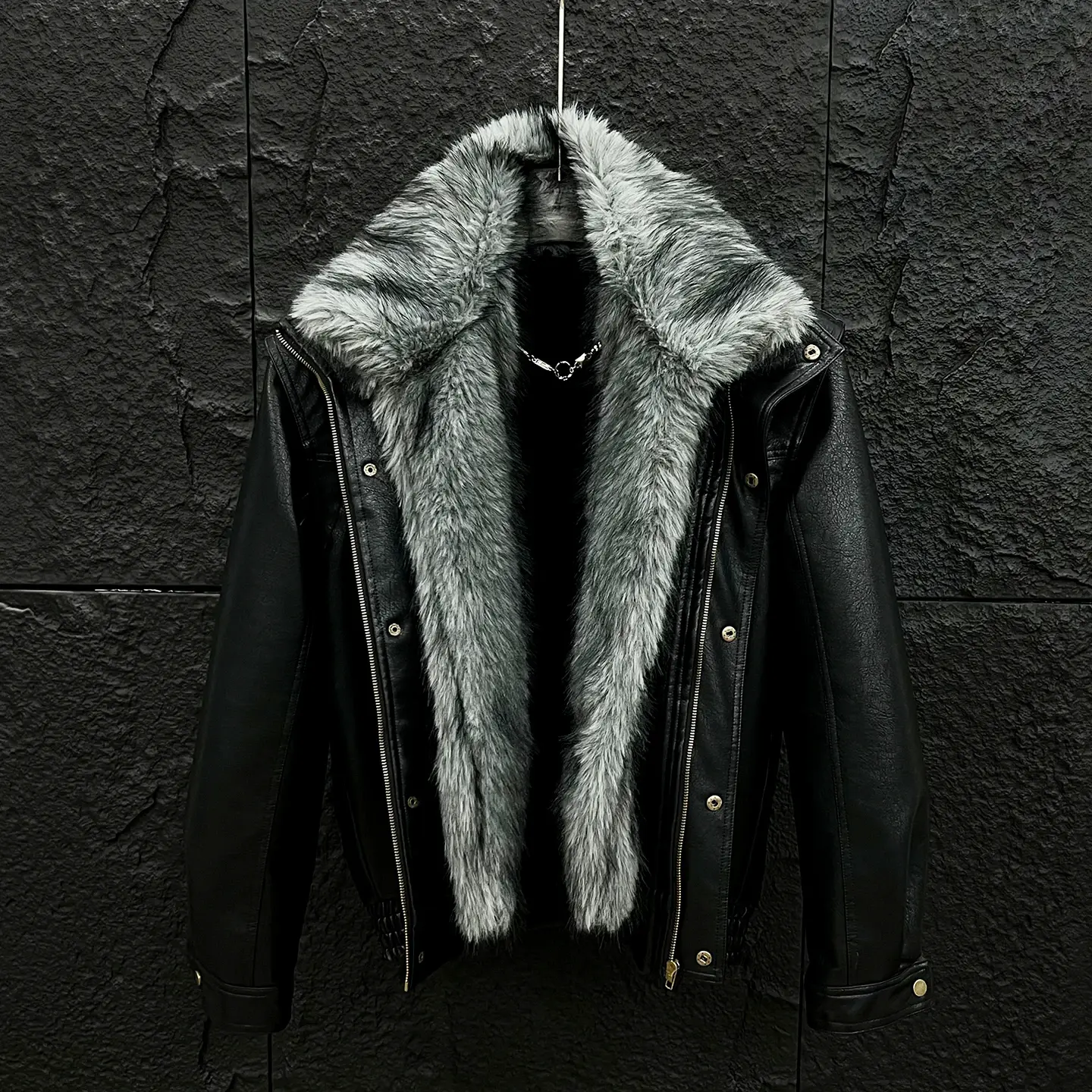 Techwear Style Detachable Faux Fur Collar Leather Jackets Man Winter Warmer Motorcycle Vintage Punk Leather Coat