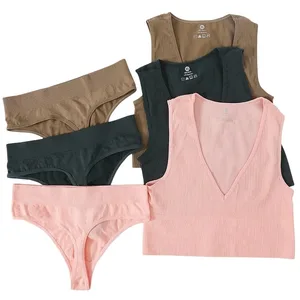 Sexy ženy Set podprsenky Bezešvé spodní prádlo Tanga s vysokým pasem Módní Bralette Žebrované Topy Podprsenka Základní Crop Top Dámské spodní prádlo