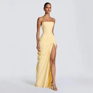 Sexy Solid Geplooide Strapless Jurk Lady Chic Off-shoulder Backless Hoge Taille Split Jurken Vrouwen 2026 Nieuwe Avond Party Gown