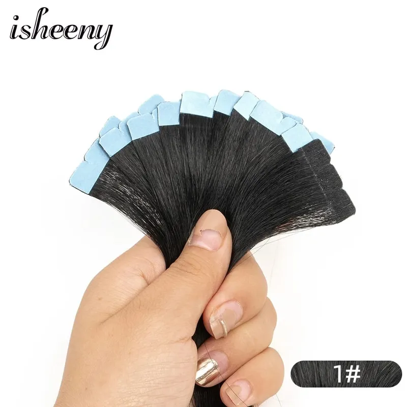 Isheeny 12"-20" Mini Tape Hair Extensions Machine Remy Skin Weft Adhesive Tape In Human Hair Natural Black Brown Blonde 10pcs
