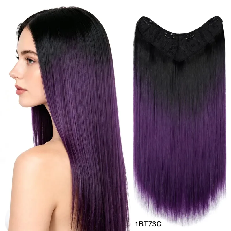 One Piece Clip In Hair Extension U-Shaped With 4 Clips Straight Black Brown Ombre Synthetic Hairpiece Wigs For Women Daily Party