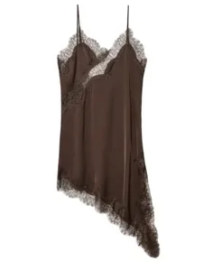 Brun satin blonder splejsning slynge kjole kvinder Elegant uregelmæssig søm V-hals Rygløs ærmeløs kjole Chic Kvinder Party Club Vestidos