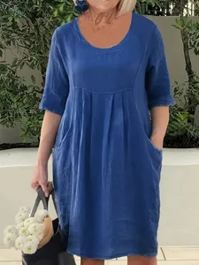 Plus Size 1XL-5XL Kvinders løs pasform bomuld-hørlomme sommer-rundhalset kortærmet kjole og strandfestkjole