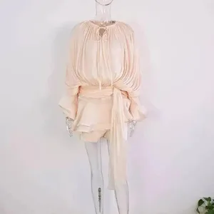 Ensemble deux pièces en Satin pour femmes, vêtements à la mode, col rond, manches lanternes, robe courte avec Short, nouvelle collection été 2026