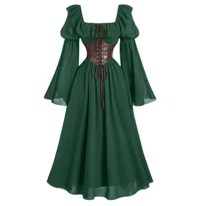 Medieval European and American Halloween New Women's Palace Vintage Dress Horn Sleeve Waist Square Neck Bat Sleeve Long Dress