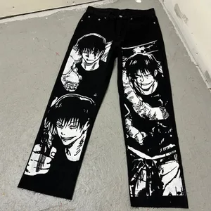 Harajuku anime karakterek nyomtatott farmer új széles szárú farmer nadrág y2k férfi farmer utcai viselet stílusú pár nadrág fekete farmer