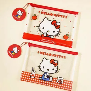 ของแท้ Sanrio Hello Kitty A5 ตาข่ายกระเป๋าซิปน่ารัก KT Cat กันน้ำ PVC กระเป๋าเอกสารสำหรับโรงเรียนแฟ้มปากกาเครื่องเขียนจัดระเบียบ
