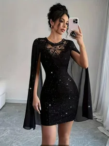 Kvinner Svart Glitter Bodycon Minikjole Blonder Crew Neck Sheer Cape Sleeve Slim Party Club Evening Cocktail Kort kjole