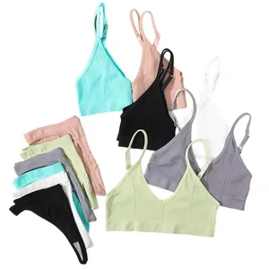 Dámská sada bezešvých podprsenek Sexy spodní prádlo Bezdrátové kalhotky s nízkým vzestupem Žebrovaný Crop Top Bralette na zádech Pohodlné sportovní spodní prádlo