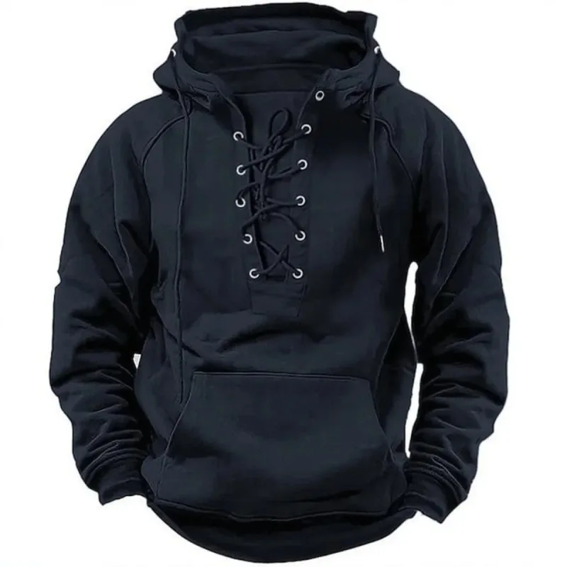 Panlalaking Retro-Style Lace-Up Hooded Sweatshirt Loose-Fitting Long-Sleeved Pullover Pure Color Design para sa Autumn Winter Hoodie