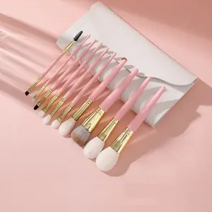 10 Buah Kuas Makeup Merah Muda Kuas Eyeshadow Blush Foundation Cair Kuas Krim BB Kuas Rias Rambut Kambing Tas Alat Kosmetik