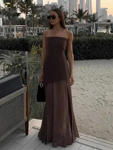 Casualowa długa sukienka wiązana na szyi damska luźna wiosenna letnia zakrętka tubki Backless sukienki do podłogi Lady żółta szata kobieta wakacje stylowe