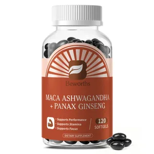 แคปซูลราก Maca ธรรมชาติพร้อมสารสกัดจาก Ashwagandha มังสวิรัติสำหรับผู้ชายสุขภาพซอฟเจลอาหารเสริมพลังงานแบบไม่มีกลูเตน