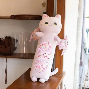 Cuscini per il corpo di gatti carini da 60 cm Gatto in fiore di ciliegio con ala di pipistrello Peluche Kawaii Morbido cuscino per dormire Cuscino per ragazza Regalo di compleanno