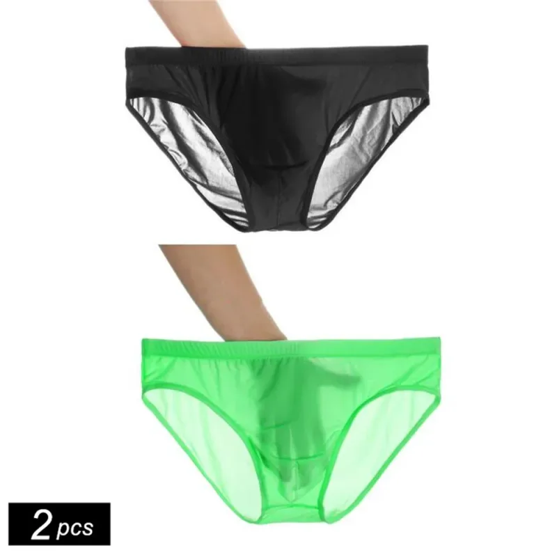 2PCS Slip ultra sottili in seta di ghiaccio da uomo Plus Size M-4XL Colore solido Youth Traslucido Vita bassa Traspirante Mutandine maschili sexy
