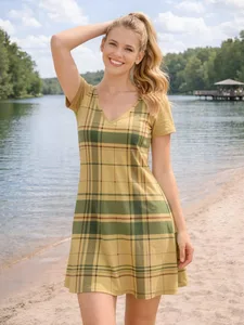 Mini abito svasato da donna con scollo a V, maniche corte, linea ventilata, prendisole casual, per vacanze di fine settimana, viaggi, outfit casual quotidiano