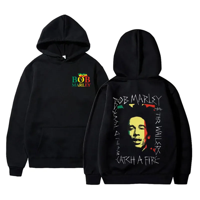 Reggae Bob Marley Face Graphic Hoodie Catch A Fire Album Merch Pullover Hoodies Lelaki Wanita Kasual Vintage Bersaiz Sweatshirt