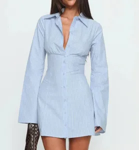 Pakaian Kemeja Y2K Musim Panas Wanita Slimming Pinggang Skirt Pendek Pakaian Mini Garis Pinggang Tinggi Gaya Menggoda Lengan Penuh Kolar Biasa