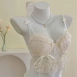 Sweet Ruffle Lace Bra Set Women Small Bust Push Up Mesh Cross Strappy Pure Gentle Daily Soft Lingerie Underwear 2 Pieces 32-38AB