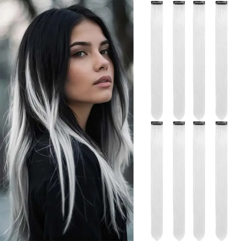 8Packs Colored Synthetic Hair Extensions 22 Inch Straight Clip-In on Party Christmas Black Friday K-pop New Year Gift Hair
