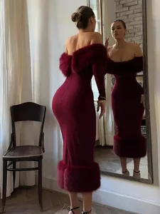 Kadın Straplez Taklit Kürk Patchwork Elbise Seksi Off-omuz Tam Kollu Cinched-bel Bodycon Elbiseler Bayan Parti Abiye giyim