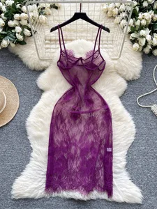 Γυναικεία μόδα Thin See Through Slim Fit Pure Desire Γυναικείο φόρεμα Νέο vintage σέξι δικτυωτό κέντημα μωβ μακρύ φόρεμα