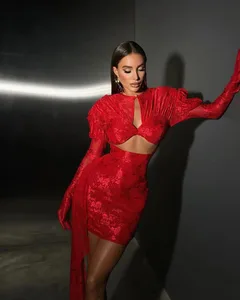 2024 Yeni Moda Kırmızı Beyaz Kadın Eldiven Seksi Bodycon Mini Dökümlü Elbise Gece Kulübü Parti Bar Şarkıcı Doğum Günü Elbise Kutlamak