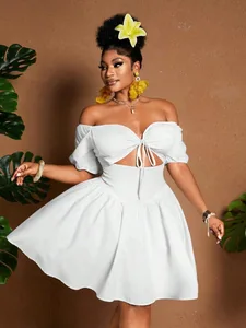 Plus Size Kvinder En-Skulder Talje-Tie Bubble Sleeve Kjole Sommerferie stil Afslappet kort kjole almindeligt mønster
