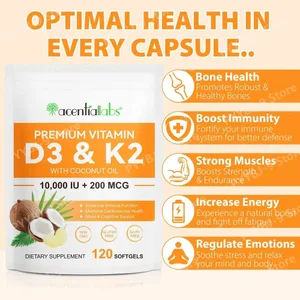 Acentiallabs Premium Vitamin D3 K2 Softgels Ergänzungen Kokosnussöl Vitamin D3 AK2 Weichkapseln zur Immununterstützung für Erwachsene