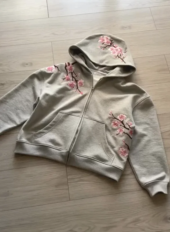 Y2K Vintage Oversized Cherry Blossom Embroidered Hooded Jacket Mens Womens Pink Zipper Coat Harajuku Hip Hop Graphic Streetwear