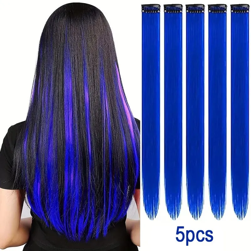 20Inch Synthetic Colorful 5pcs/set Clip Hair Extensions High Temperature Long Straight Hairpieces for Women Daily Party Use